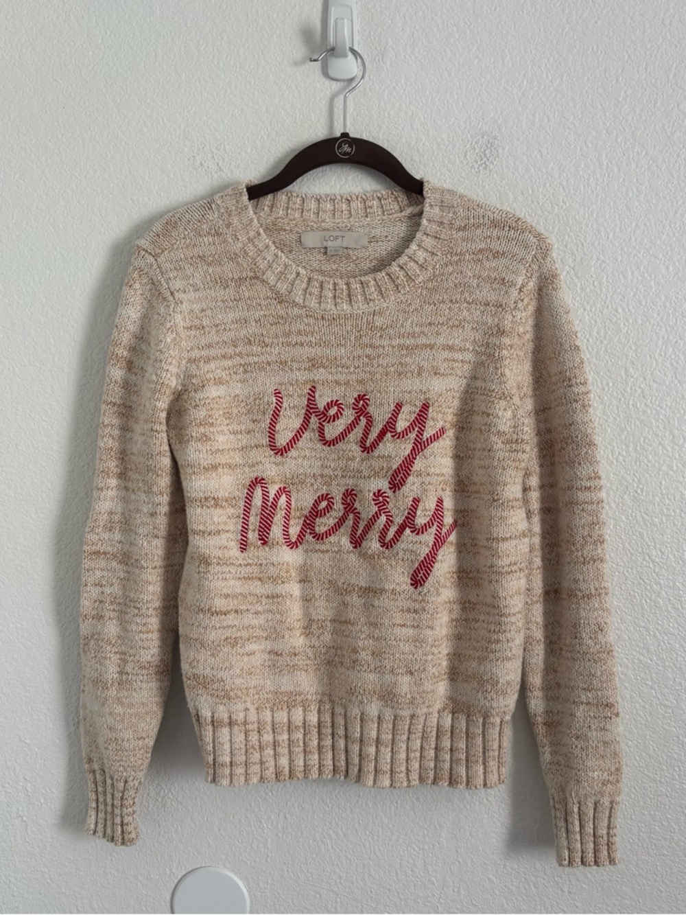 LOFT Women's Size Small Beige "Very Merry" Holiday Knit Pullover Sweater